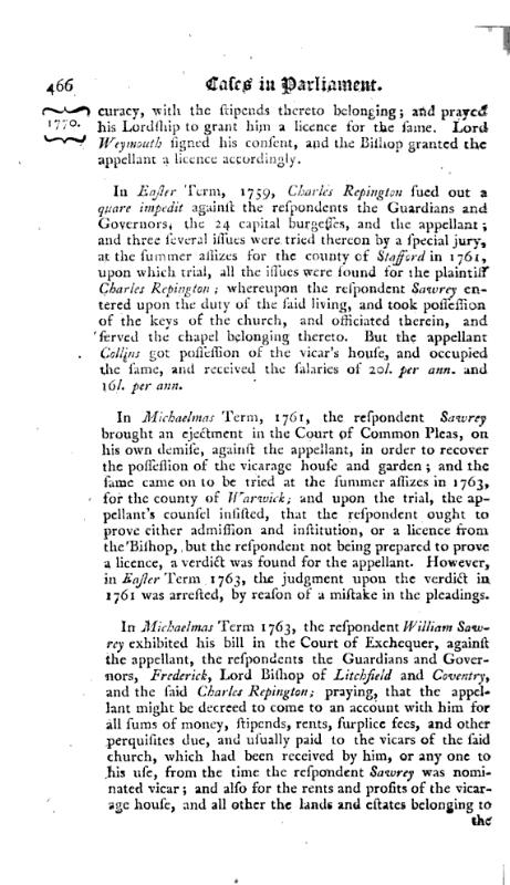 Reports of cases, upon appeals and writs of error, in the High Court of Parliament 1772 p.466